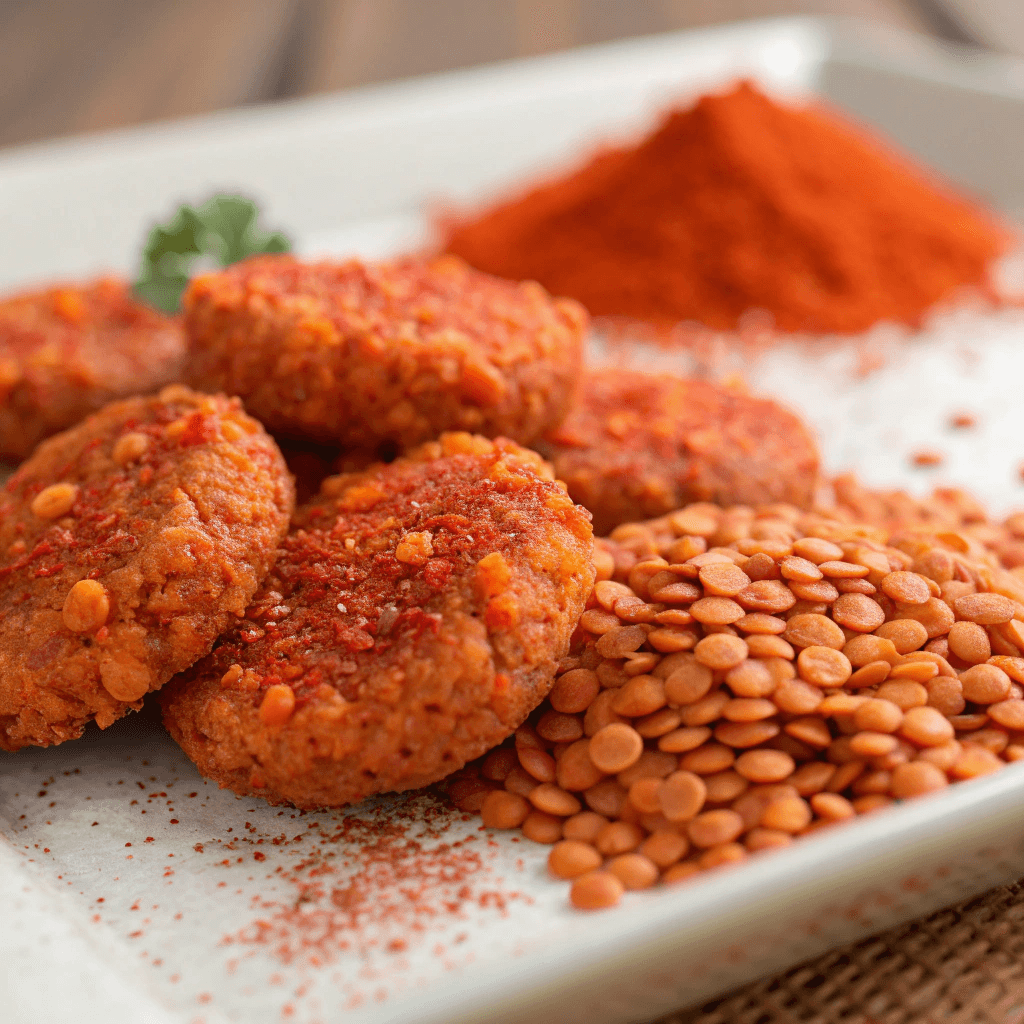 Close-up of golden fried red lentils snacks with chili powder garnish.