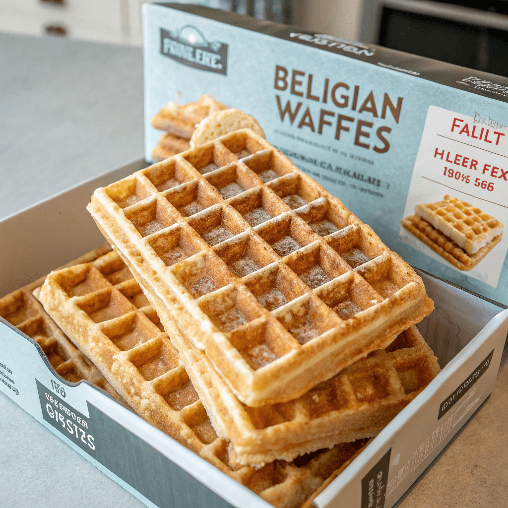 Frozen Belgian Waffles Family Size in packaging with a crispy golden texture.