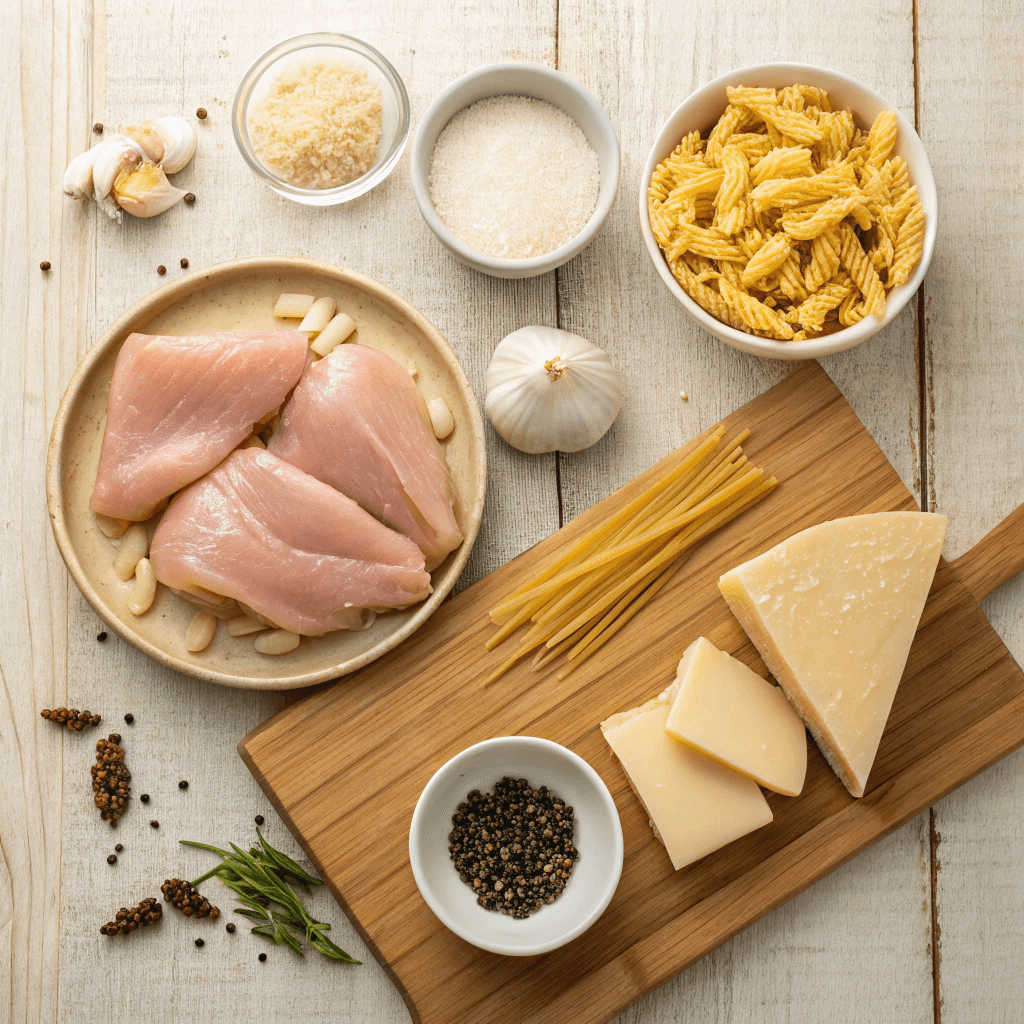 Fresh ingredients for Garlic Parmesan Chicken Pasta: raw chicken, garlic, Parmesan cheese, butter, heavy cream, pasta, and Italian seasoning