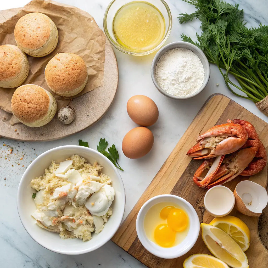 Fresh ingredients for crab cake eggs Benedict: lump crab meat, eggs, butter, English muffins, Dijon mustard, lemon, and Old Bay seasoning on a kitchen countertop.