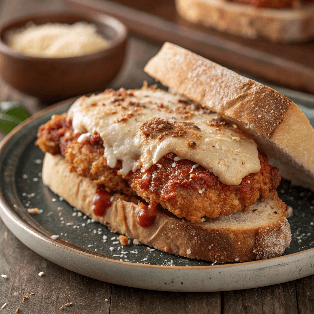 A perfectly assembled Chicken Parmesan Sandwich with golden bread, bubbling cheese, and a rich tomato sauce layer.