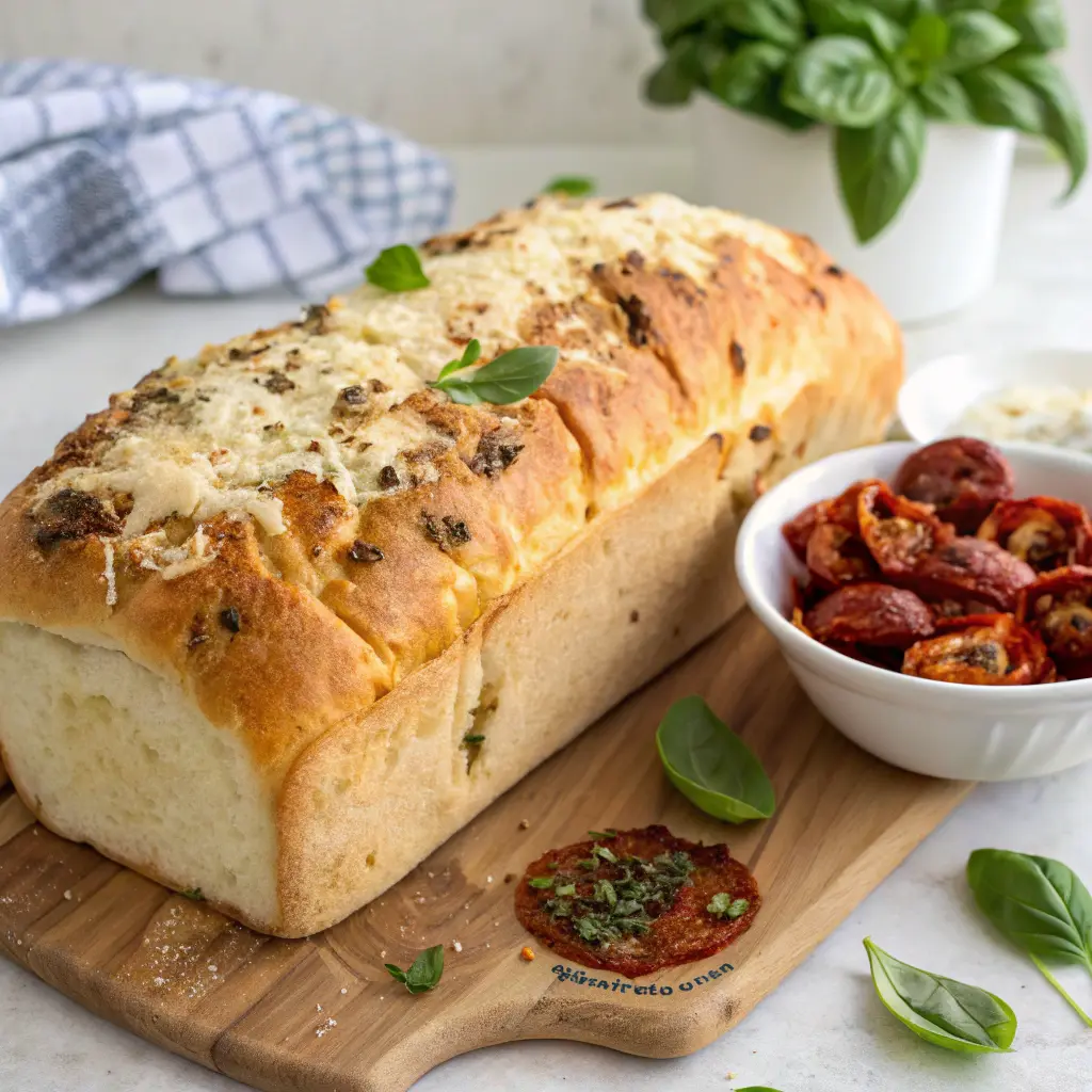 A whole loaf of Panera Tomato Basil Bread topped with melted Parmesan, surrounded by fresh basil and sun-dried tomatoes.