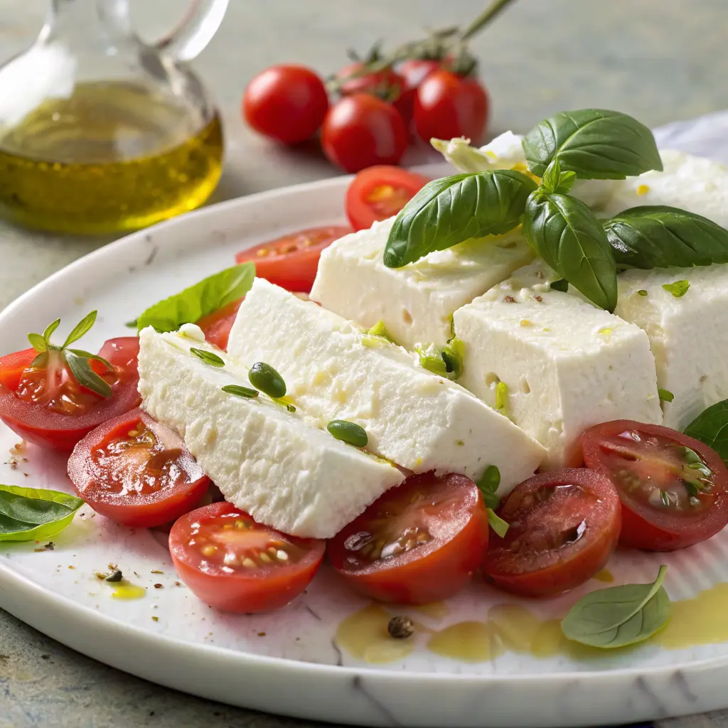 Sliced feta cheese block with tomatoes, basil, and olive oil on a plate.