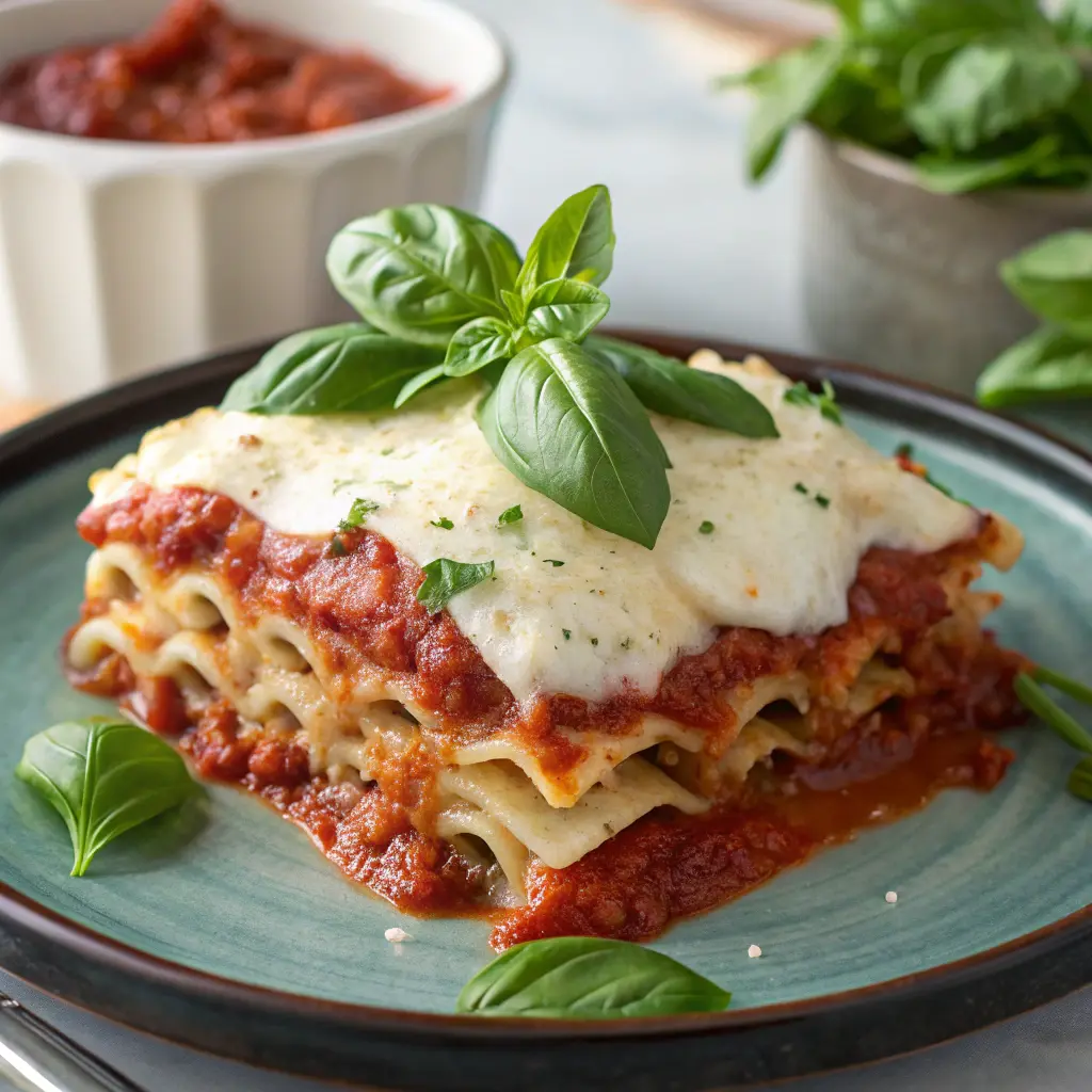  A slice of Joseph’s Deli Lasagna on a plate, garnished with fresh basil.