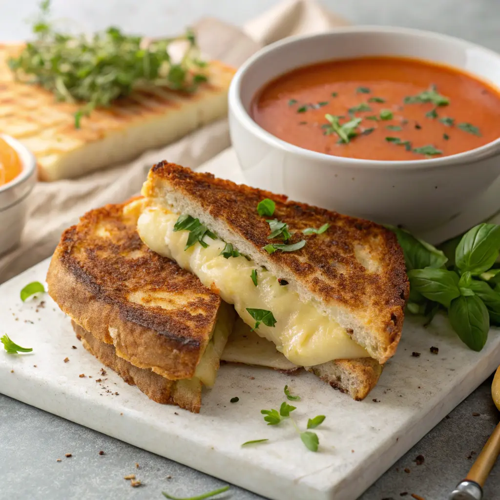 Southern Maryland Grilled Cheese Sandwich served with a bowl of tomato soup and fresh herbs.