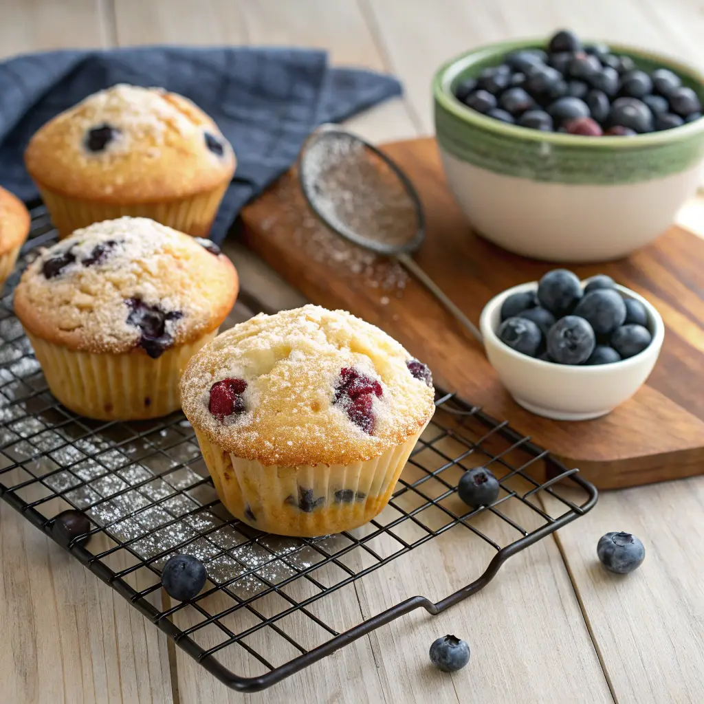 Bisquick Blueberry Muffins cooling on a rack with fresh blueberries beside them.