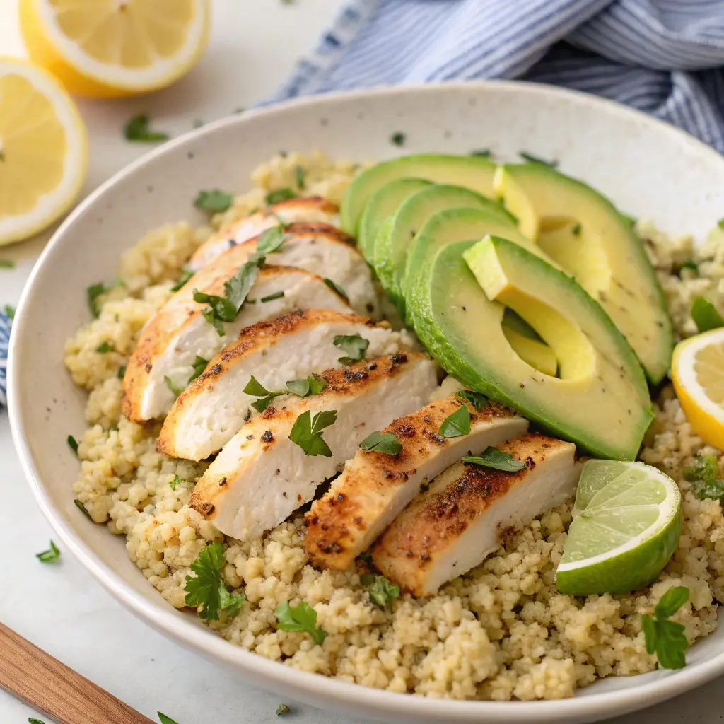 Fluffy organic quinoa served with grilled chicken and avocado slices.