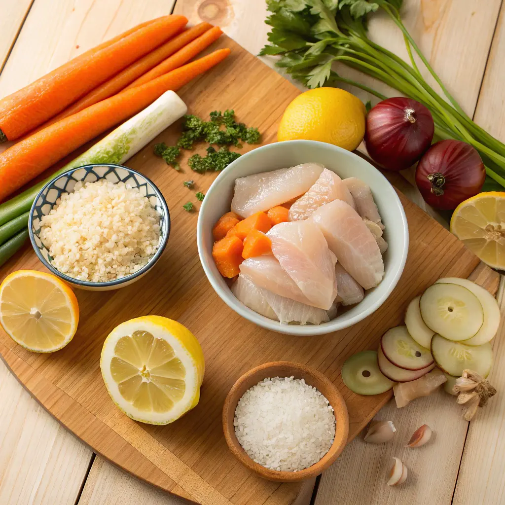 A bowl of homemade lemon chicken and rice soup mix served with crusty bread and fresh herbs on a rustic wooden table.