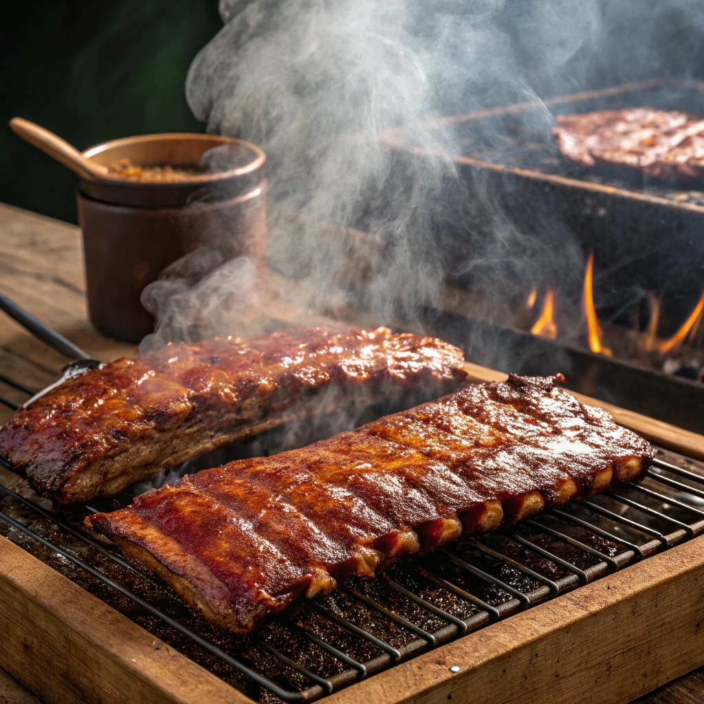 BBQ ribs cooking on a smoker with hickory wood smoke rising.