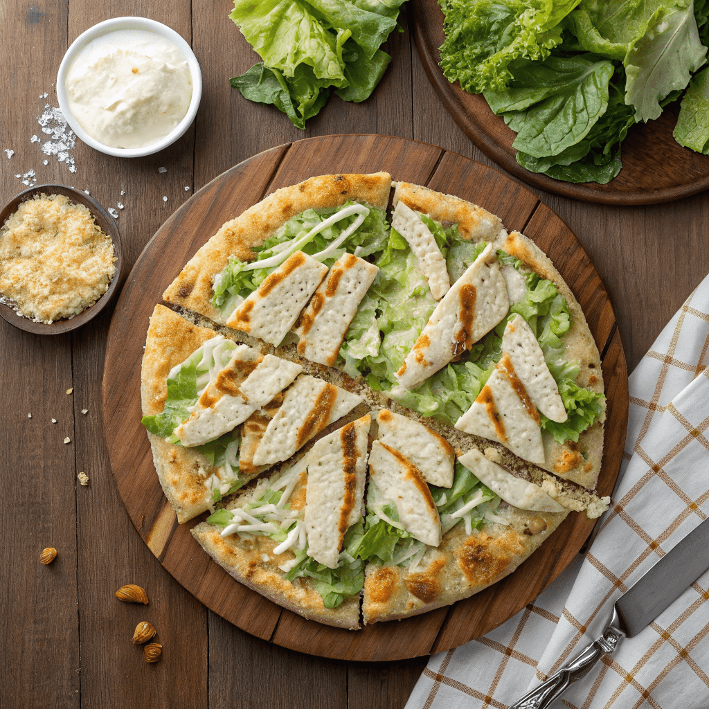 A freshly baked Chicken Crust Caesar Salad Pizza near me, topped with romaine lettuce and parmesan.