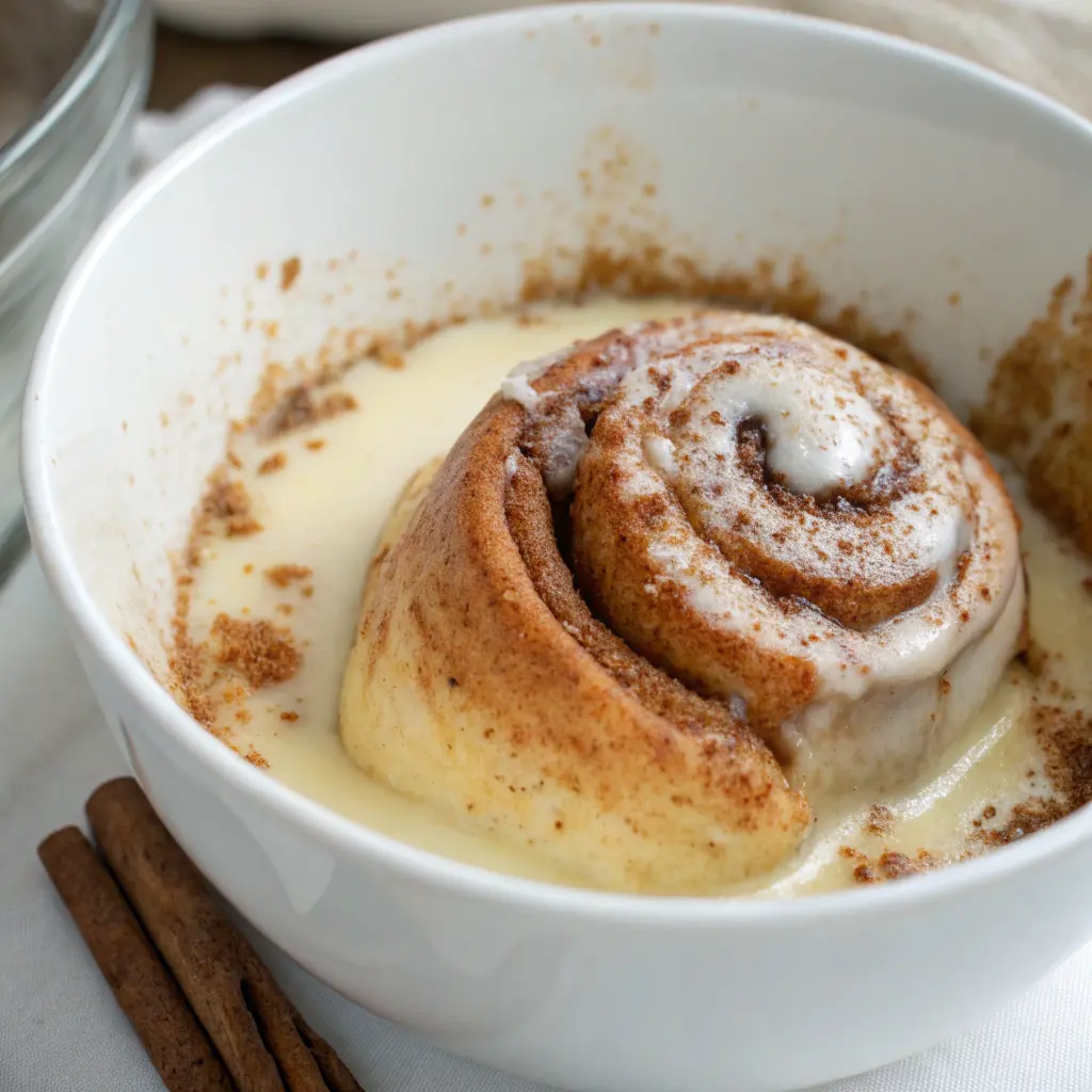  A cinnamon roll being dipped into an egg and milk batter with cinnamon sprinkled on top