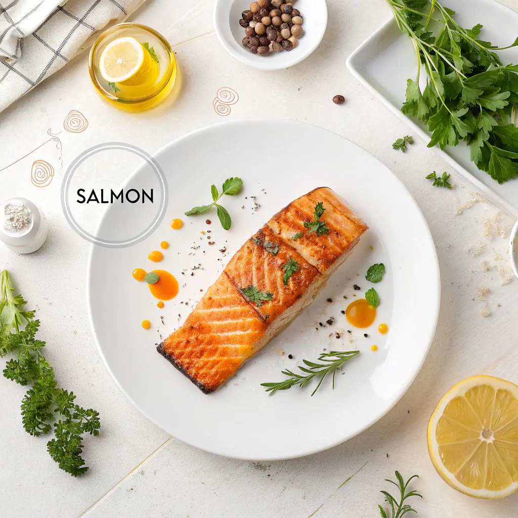 Grilled salmon fillet with nutritional facts displayed