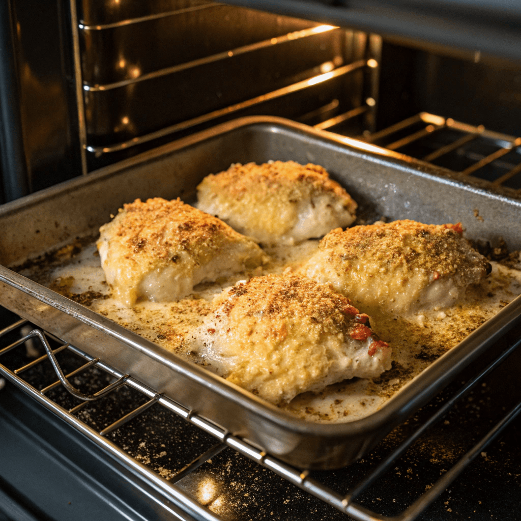 Oven-baked Parmesan chicken thighs sizzling on a baking tray with a golden cheese crust