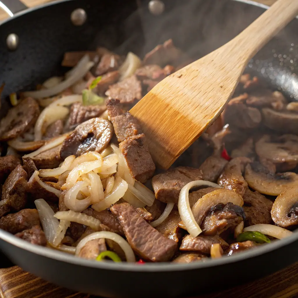 Beef strips sizzling in a pan with mushrooms and onions, highlighting essential cooking techniques and how grilled salmon calories compare in healthy recipes.