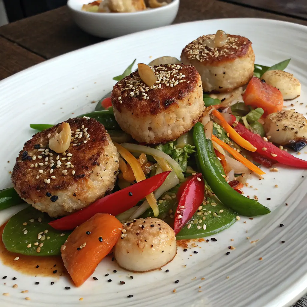 Beautifully plated fishcakes and scallops stir fry with fresh vegetables and sesame garnish.