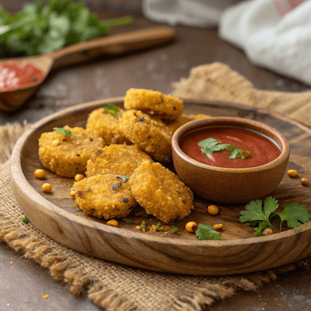 A rustic plate of fried red lentils snacks with dipping sauce.