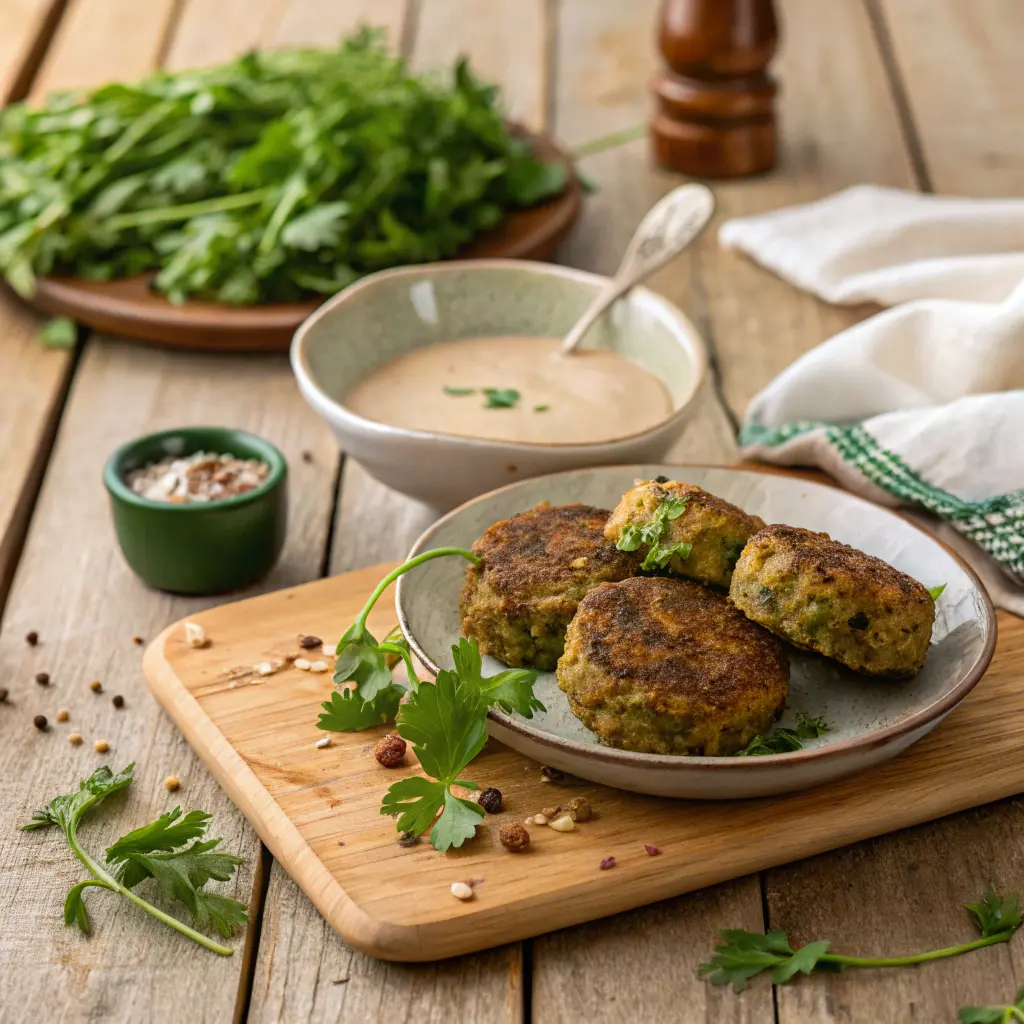 Rustic wooden plate with Vegan Lentil Salisbury Steak and fresh herbs.