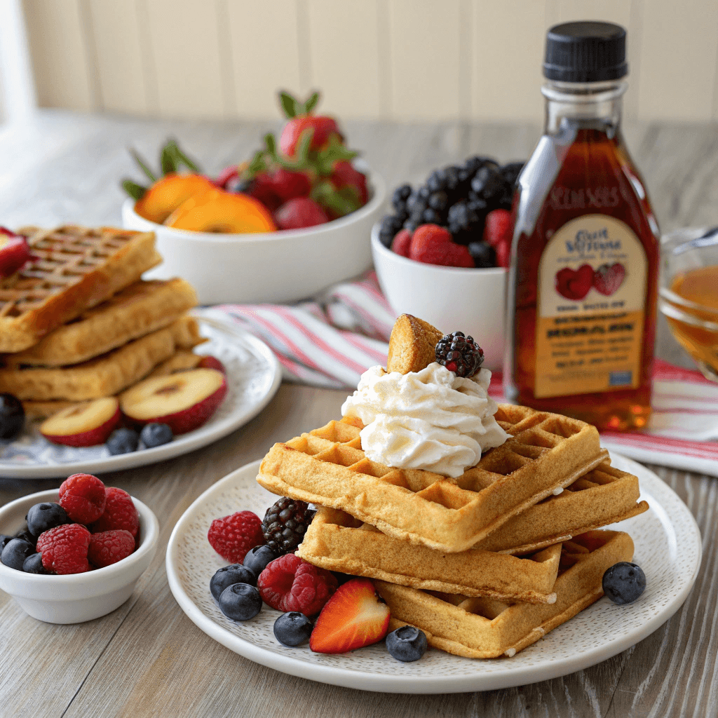 Frozen Belgian Waffles Family Size served on a breakfast table with fruit and syrup.