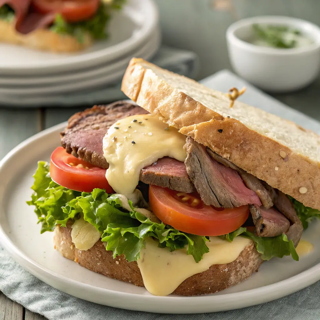 Close-up of tender and juicy deli meats whole roast beef slices.