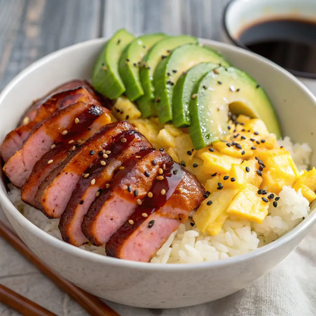 A flavorful stir-fry with spam, egg, rice, avocado, and vegetables.