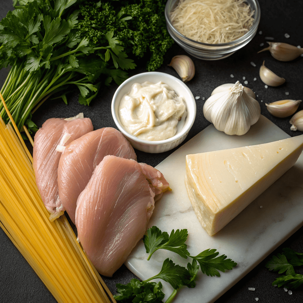  High-quality ingredients for Garlic Parmesan Chicken Pasta: fresh chicken breast, Parmesan cheese, garlic, parsley, butter, and cream