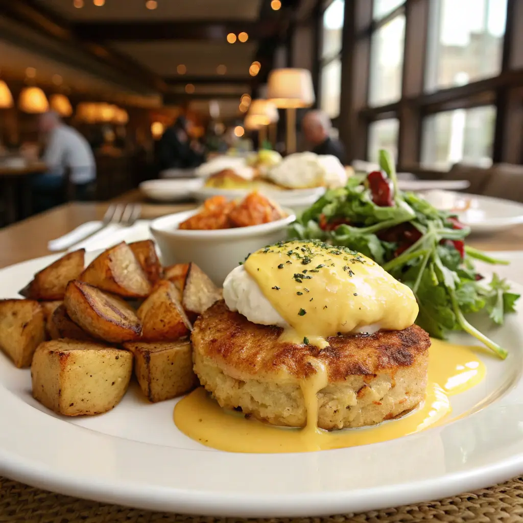 A restaurant-style plated crab cake eggs Benedict with golden-brown crab cakes, hollandaise sauce, and a side of roasted potatoes.