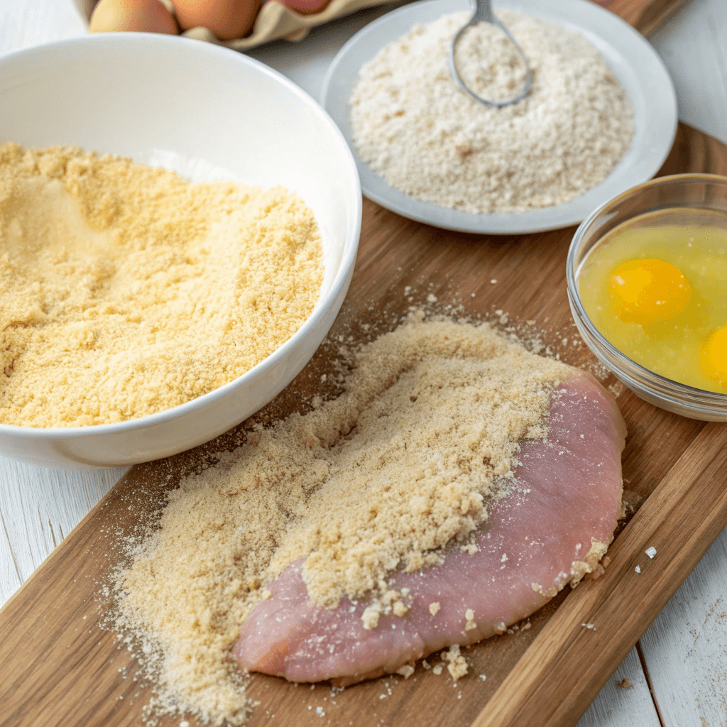  A raw chicken cutlet being coated in seasoned breadcrumbs, ready to be cooked for a Chicken Parmesan Sandwich.