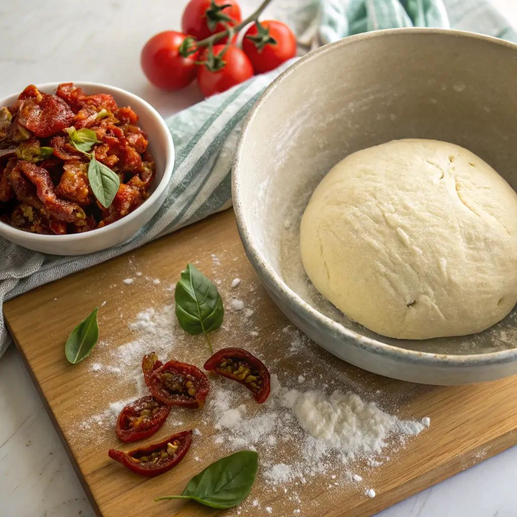 A ball of risen Panera Tomato Basil Bread dough in a bowl, ready for shaping, with basil and sun-dried tomatoes nearby.