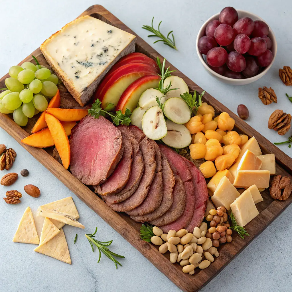 A gourmet charcuterie board featuring deli meats whole roast beef, cheese, and fruits.