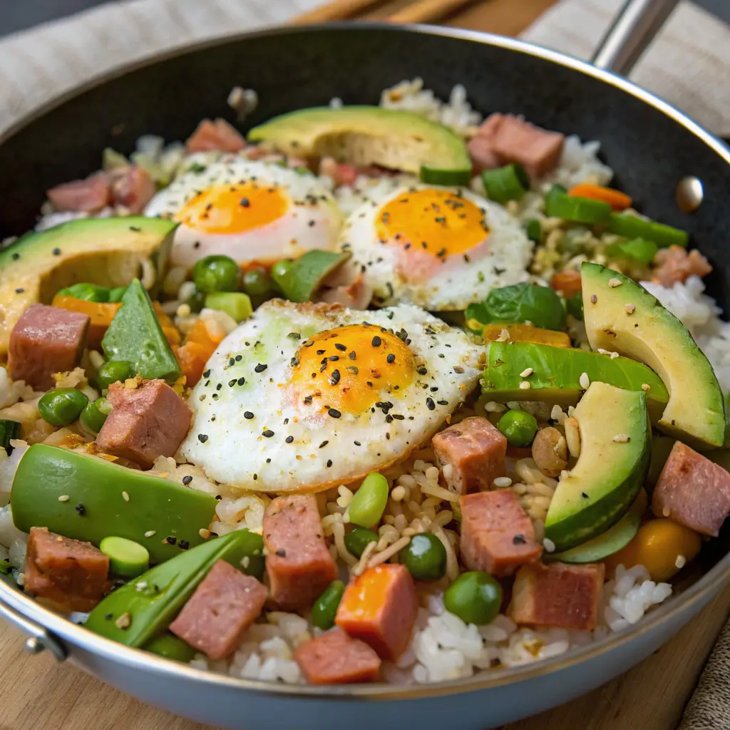 A flavorful stir-fry with spam, egg, rice, avocado, and vegetables.