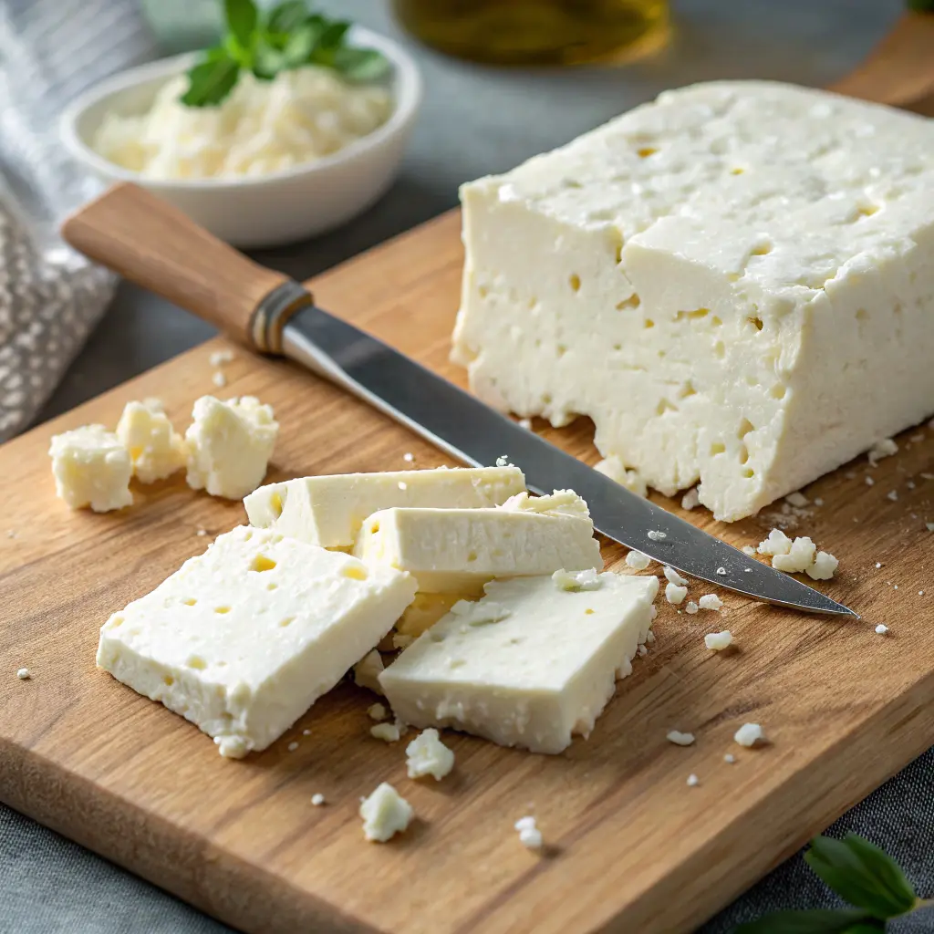 Close-up of a feta cheese block showing its crumbly texture with a knife on a cutting board.