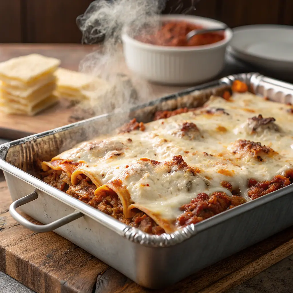 Oven-baked Joseph’s Deli Lasagna in a tray with bubbling, golden cheese.