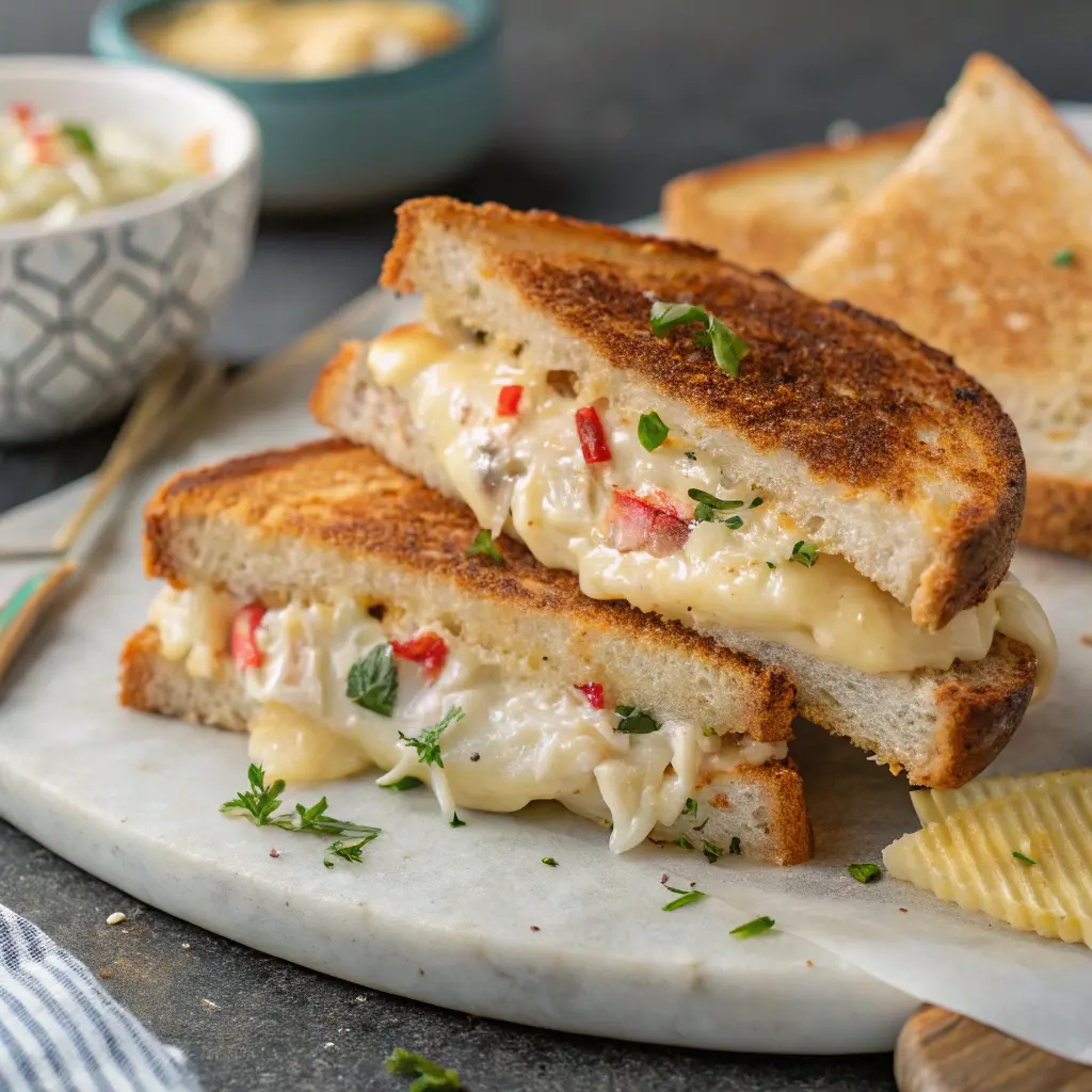 Maryland crab grilled cheese sandwich with melted cheese and toasted bread, highlighting regional flavors.