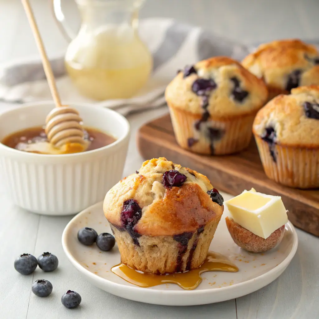 Warm Bisquick Blueberry Muffins topped with melted butter and a drizzle of honey.