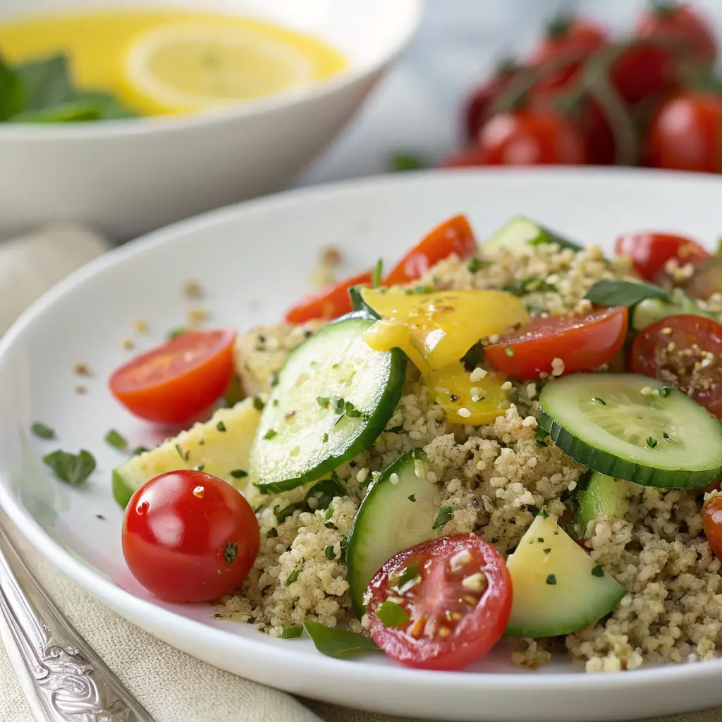 Organic quinoa salad with cherry tomatoes, cucumbers, and lemon dressing.