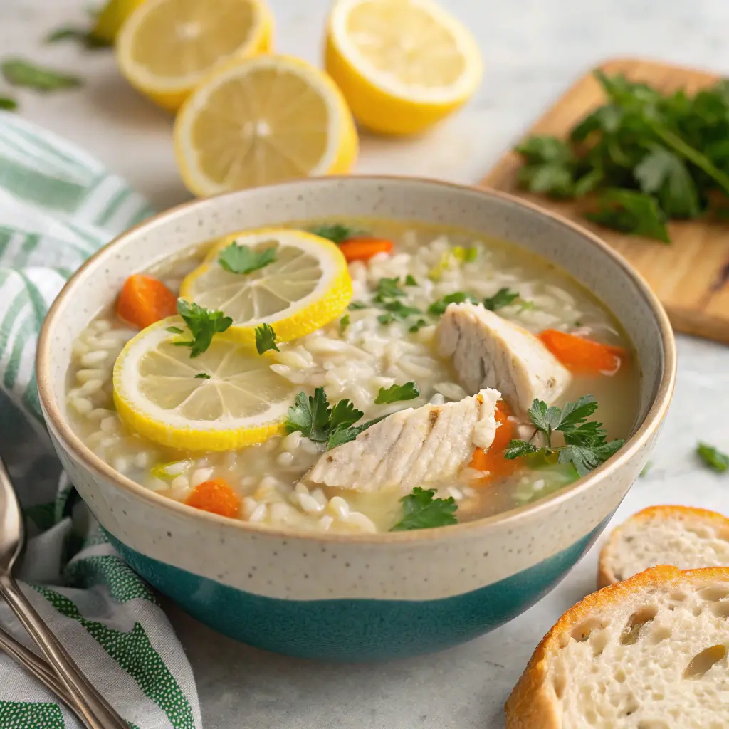 A bowl of homemade lemon chicken and rice soup mix served with crusty bread and fresh herbs on a rustic wooden table.