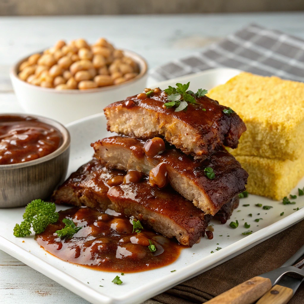 A stack of tender BBQ ribs served with baked beans and cornbread.