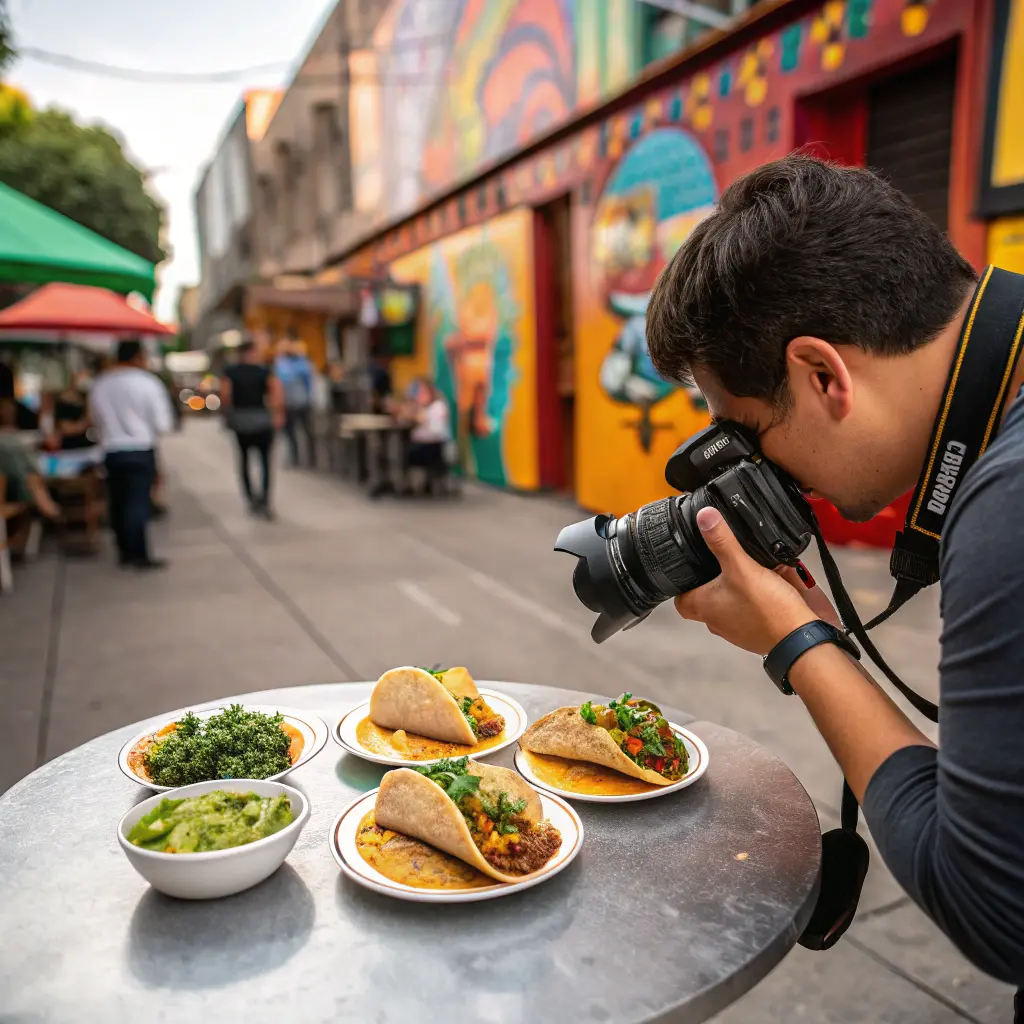 Food blogger capturing perfect Quesabirria Tacos Near Me at a local hotspot.