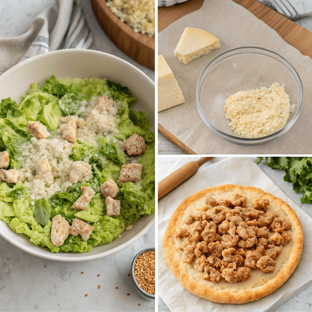 Step-by-step guide to making Chicken Crust Caesar Salad Pizza near me, featuring fresh ingredients and a golden crust