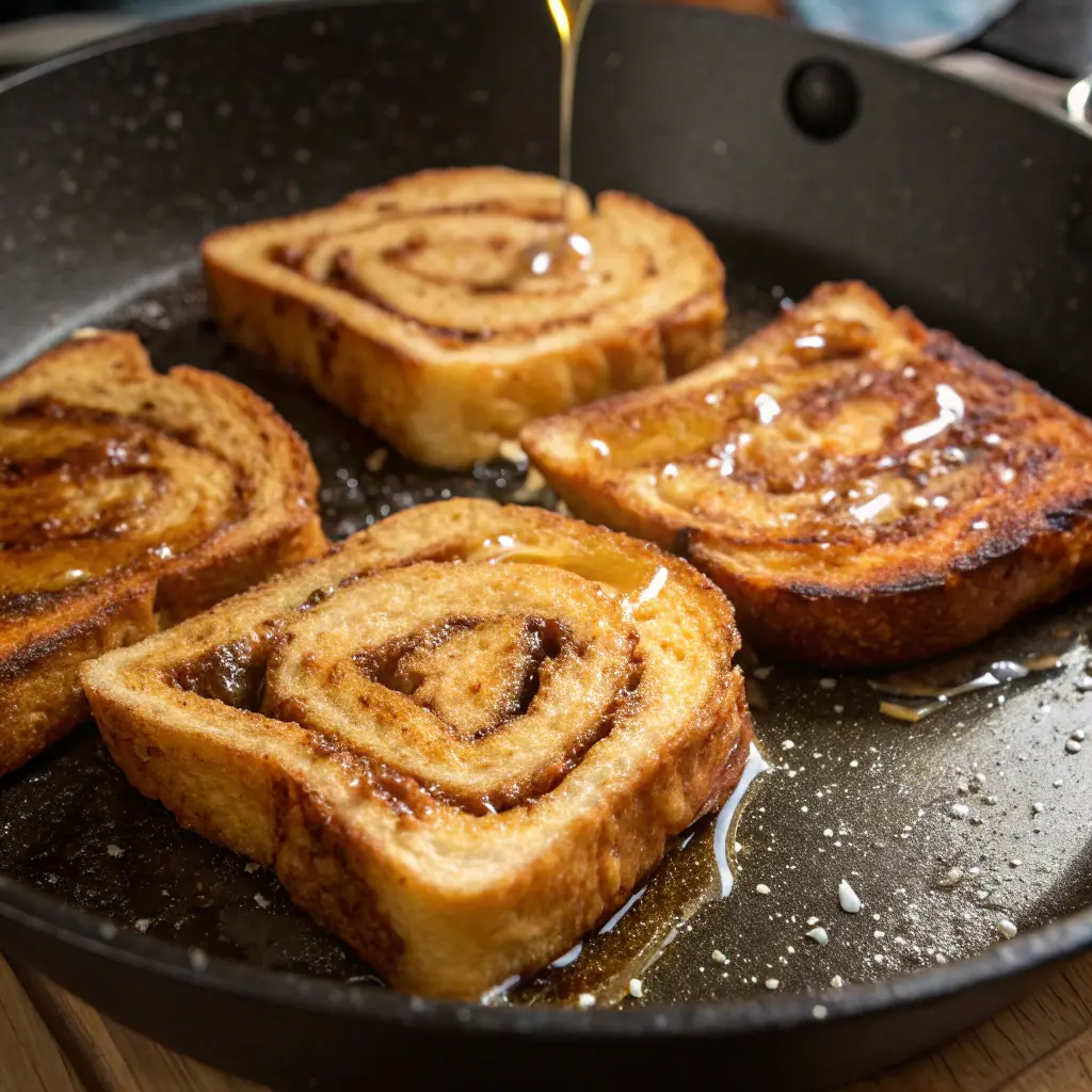 Golden-brown Cinnamon Roll French Toast slices cooking on a skillet with butter melting around them