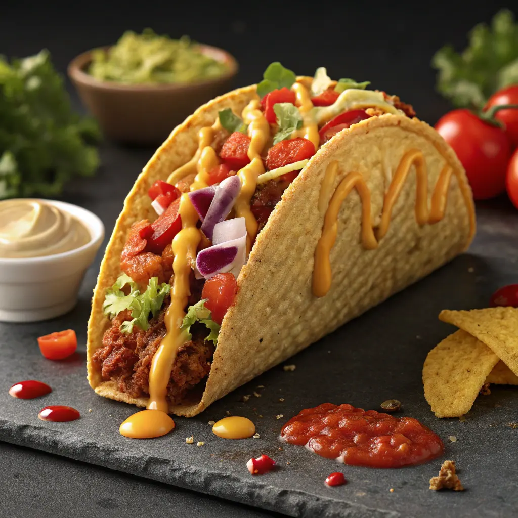 Creative taco twist with artistic presentation, rich textures, and flavorful sauces