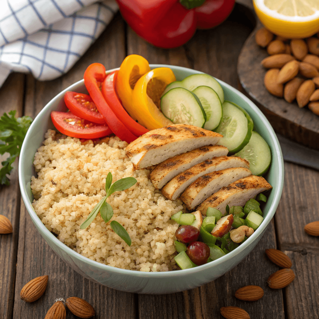 A bowl of cooked quinoa rice surrounded by fresh vegetables, nuts, and protein-rich ingredients, highlighting its nutritional benefits.