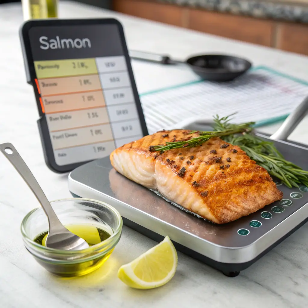 Grilled salmon fillet on a digital scale with calorie breakdown