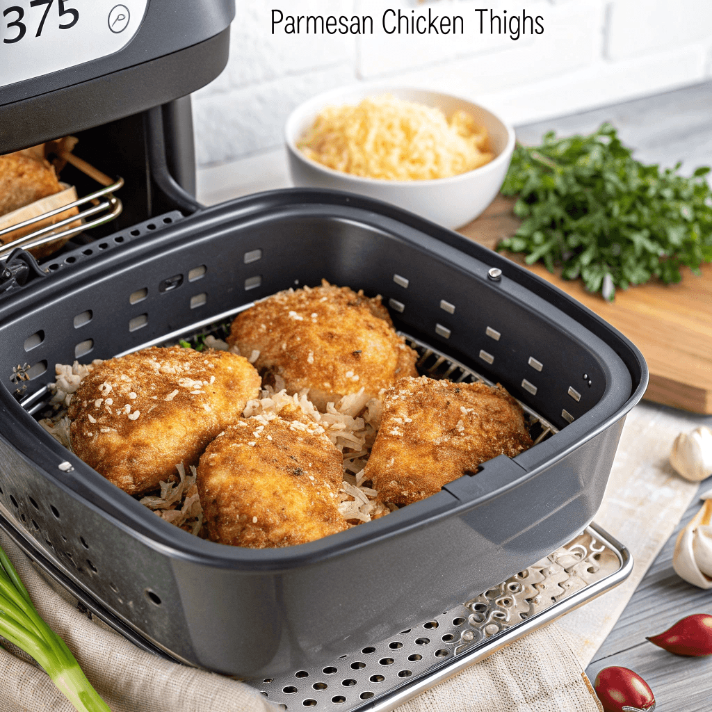 Crispy Parmesan chicken thighs in an air fryer basket, cooked to golden perfection with a crunchy cheese coating