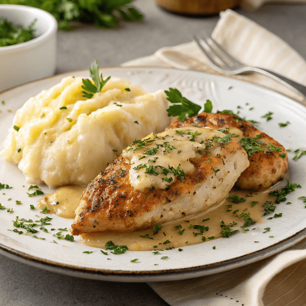 Close-up of Longhorn Steakhouse Parmesan Crusted Chicken with golden-brown parmesan topping, garnished with fresh herbs.