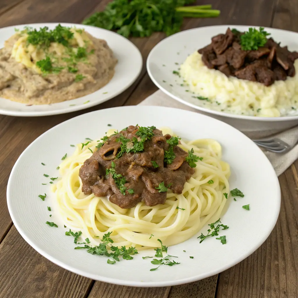 A plated serving of gluten free beef stroganoff with different side dishes, comparing gluten free pasta, mashed cauliflower, and zucchini noodles with grilled salmon calories.