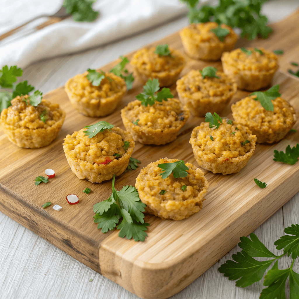 Golden brown fried red lentils snacks on a wooden board with herbs.