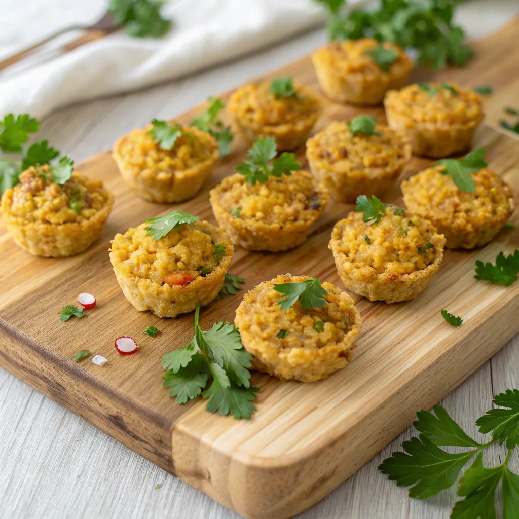 Golden brown fried red lentils snacks on a wooden board with herbs.