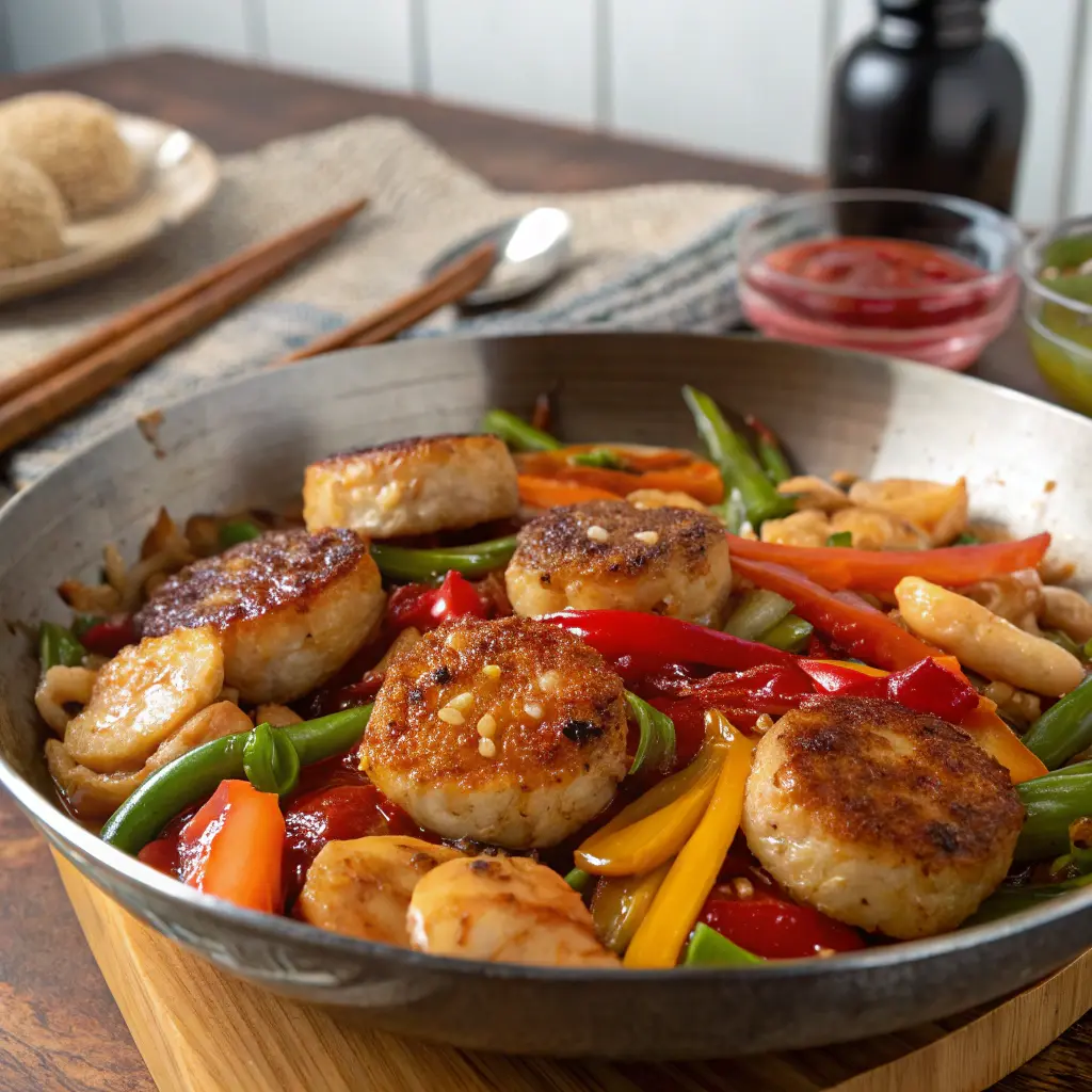 Asian-style seafood stir fry with fishcakes, scallops, and a spicy chili sauce.