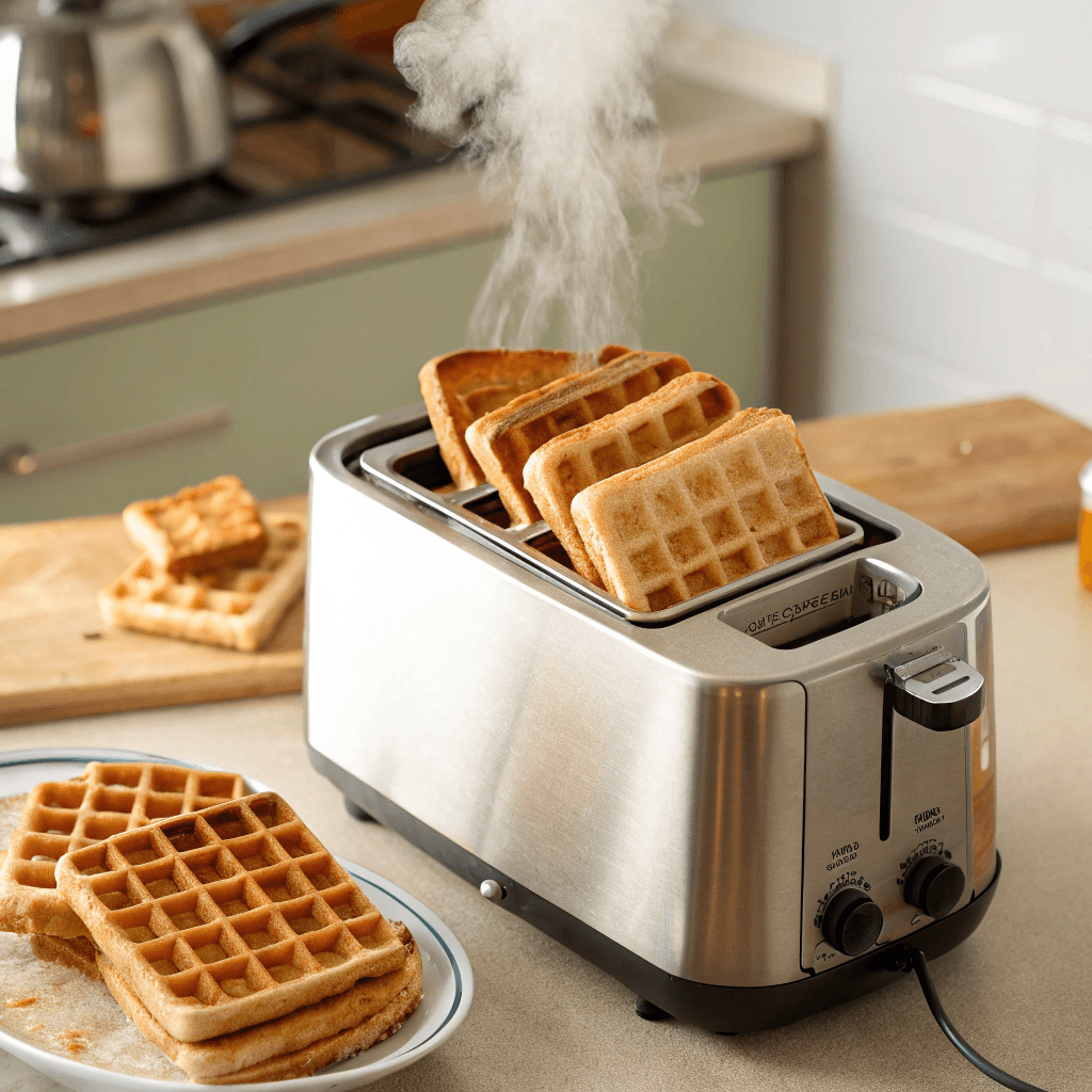 Frozen Belgian Waffles Family Size toasting to perfection with steam rising.